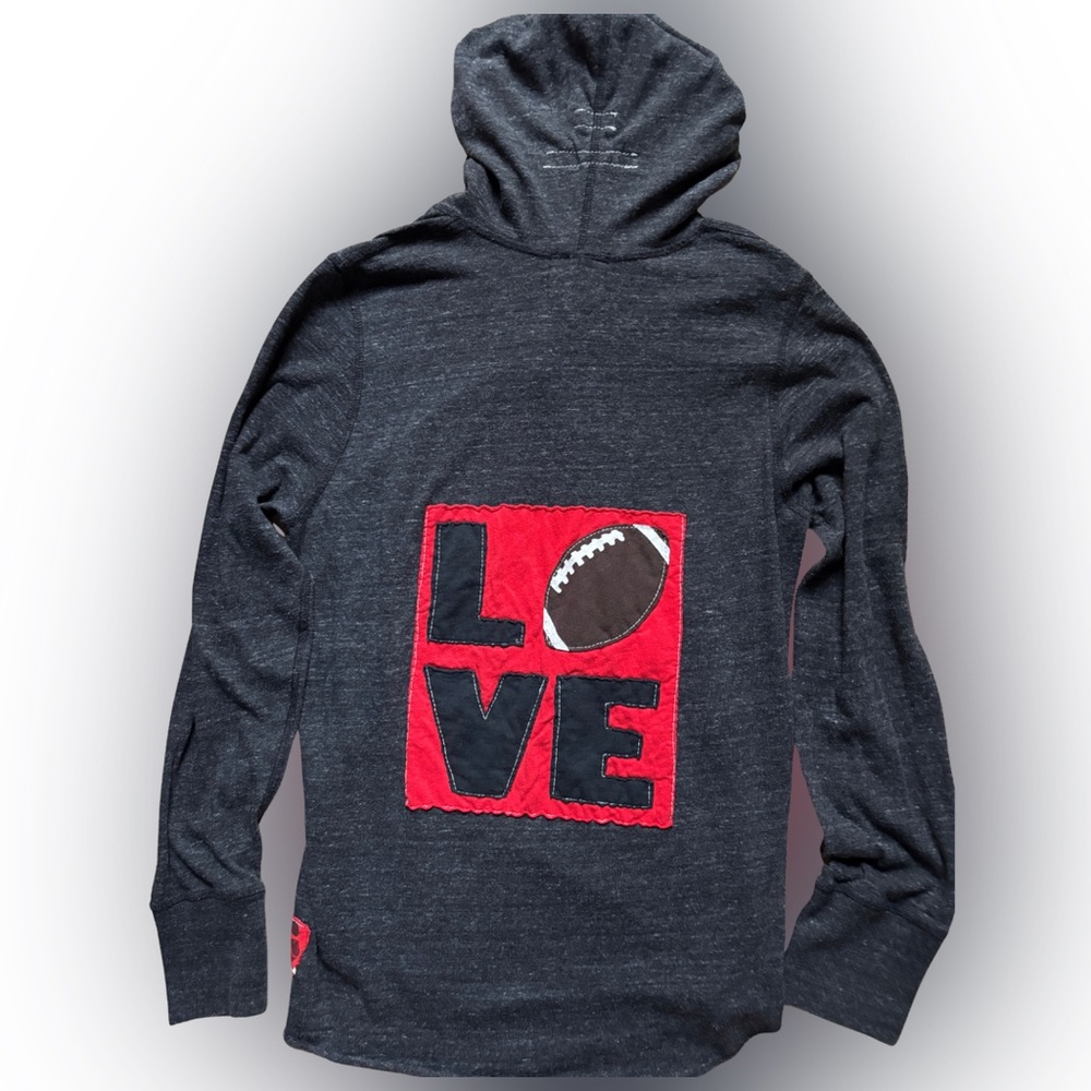 UPCYCLED HOODIE Gray Streetwear Back to School  LOVE FOOTBALL Applique SZ M